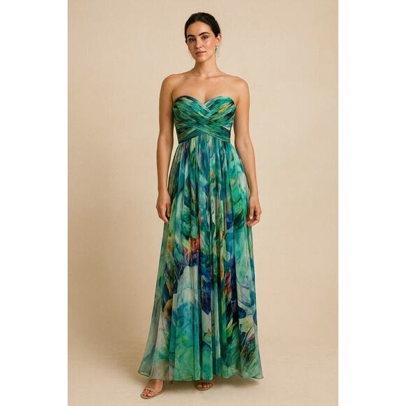 La Femme Strapless Watercolor Formal Gown Dress Green Blue Multicolor Size 0 - Picture 1 of 8